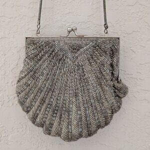Vintage Silver Beaded Shell Purse Handbag Clutch Glam